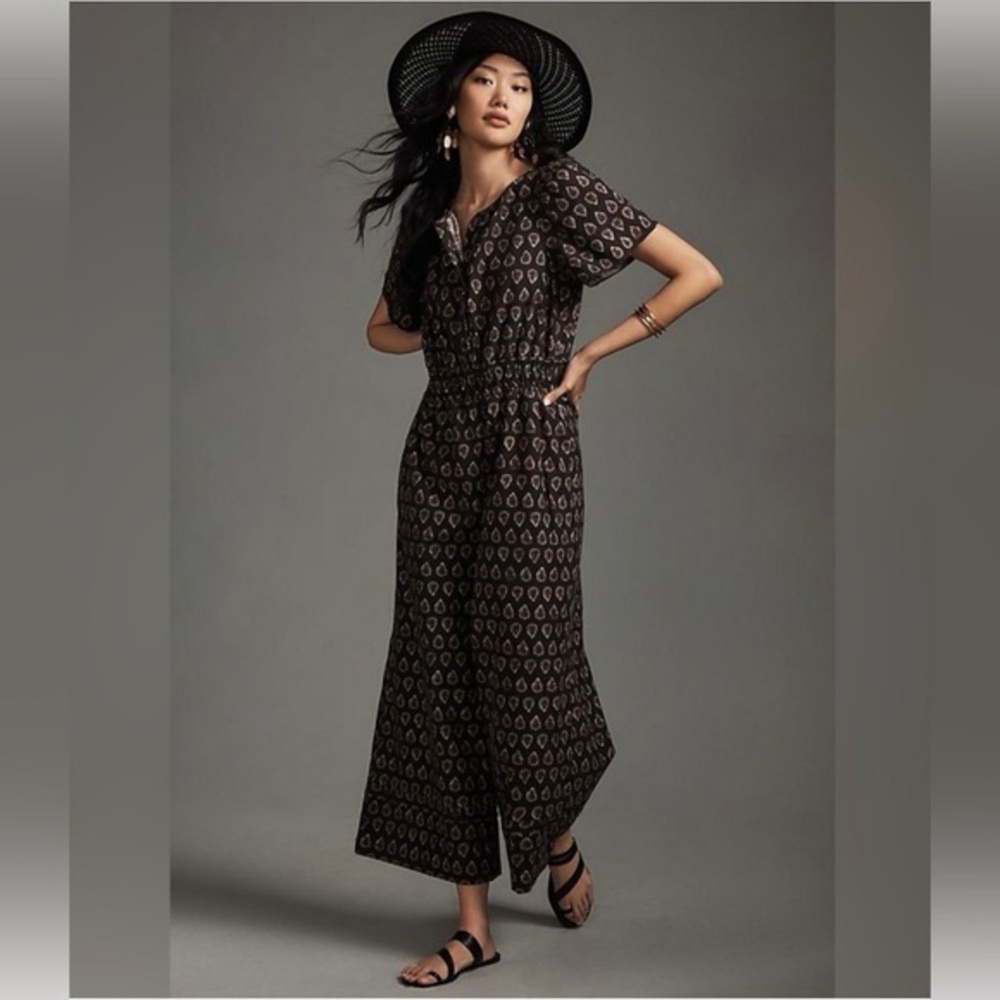 Anthropologie The Somerset Jumpsuit Black Motif Patterned boho Dress